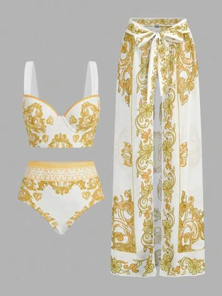 Swim Oasis Women's Baroque Print Sexy Bikini Set With Coverup And Skirt, Summer Beach