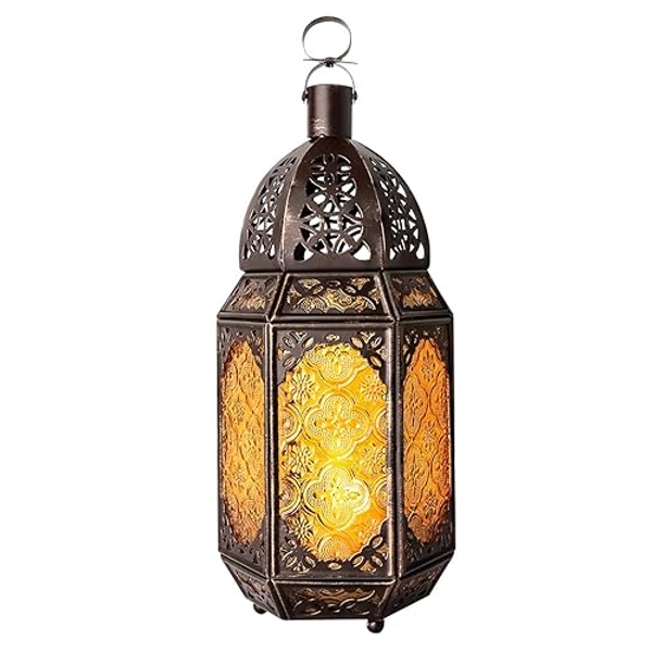 Lewondr Metal Glass Ramadan Candle Lantern, Moroccan Style Portable Candle Holder Pavilion Shape Bowl Bottom Decorative Hanging Lamp Wind Lantern Décor for Home Patio Balcony Garden - Copper + Yellow