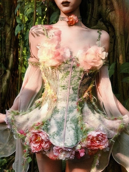 Pink and Green Floral Fairy Design Boned Corset Top