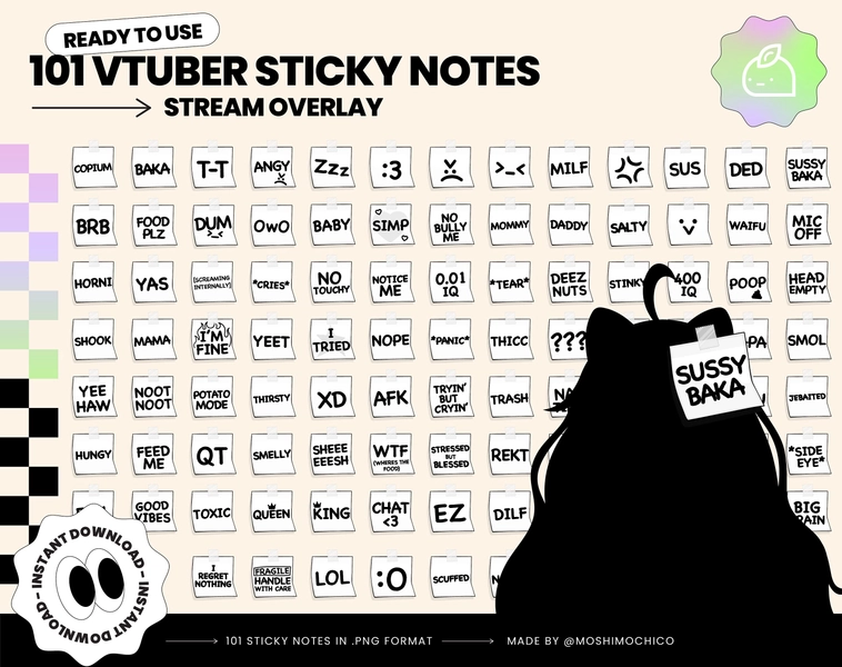 101 Vtuber Sticky Note Set, Funny Stream Overlay, P2U Vtuber Stream Assets, Custom, PNGtuber, Streamer Setup, Cute Aesthetic, Cozy, Sus
