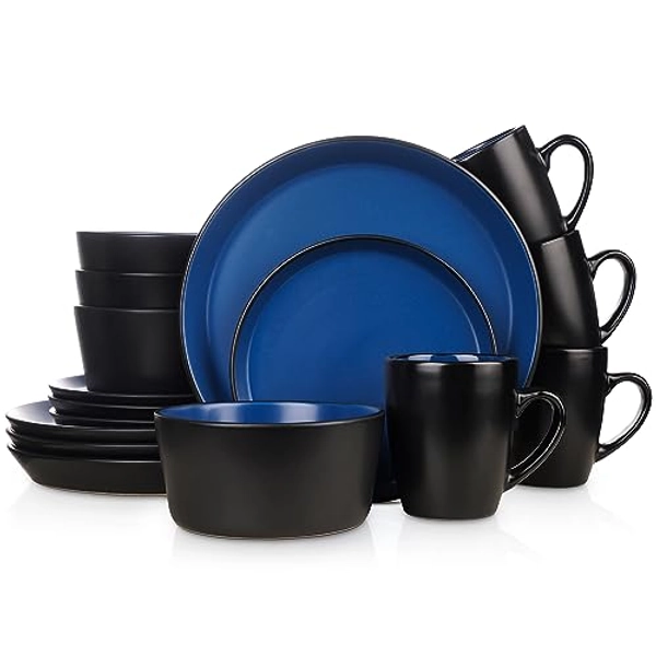 Stone Lain Albie Stoneware 16-Piece Modern Dinnerware Set, Kitchen Plates and Bowls Sets, Dish Set for 4, Blue and Black