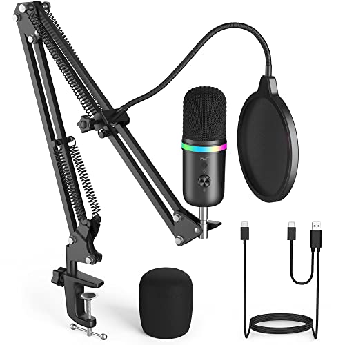 WMT USB Microphone with Boom Arm, Condenser Gaming Mic for PC/MAC/PS4/PS5, with Brilliant RGB Lighting Headphone Output Volume Control, Mute Button, Pop Filter, for Streaming Podcast YouTube Discord