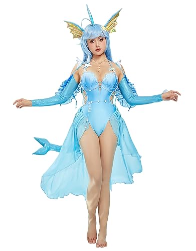 haikyuu Women Princess Cosplay Swimsuit with Sarong Anime One Piece Bathing Suit Lace Up Halter Style Swimwear - Small - Light Blue