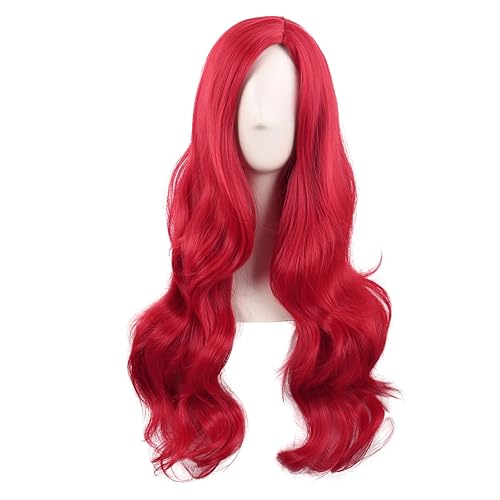MapofBeauty 28 Inch/70 cm Cosplay Long Wavy Curly Synthetic fiber Side Bangs Anime Fashion Party Hair Wig (Bright Red) - Bright Red