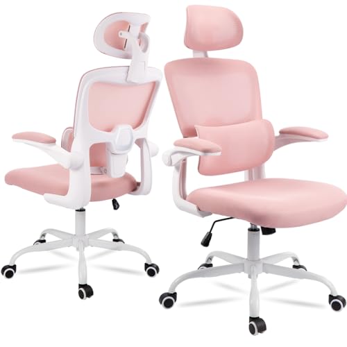 Ergonomic Office Chair Mesh Desk Chair Lumbar and Back Support Computer Chair with Adjustable Headrest Pillow 360 Swivel Casters and Flip-up Armrests for Home Office (Pink) - Pink