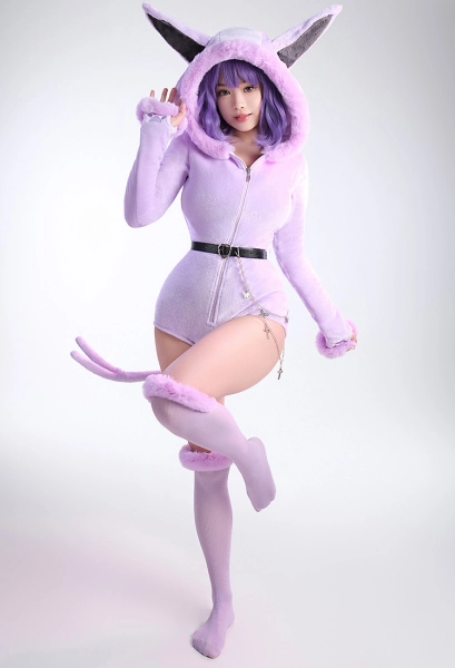 PM Derivative Fluffy Bodycon Romper Pajama Halloween Purple Furry Long Sleeve Hooded Bodysuit Jumpsuit Sleepwear with Tail Belt and Socks