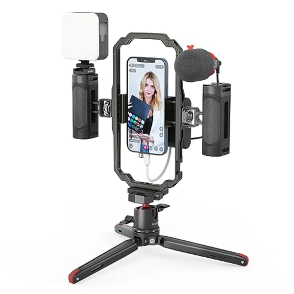 SmallRig Universal Phone Video Rig Kit for iPhone, Smartphone and Cameras, Phone Stabilizer Rig w/Tripod Microphone LED Light Side Handle Power Bank Holderm, for Vlogging & Live Streaming - 3384B