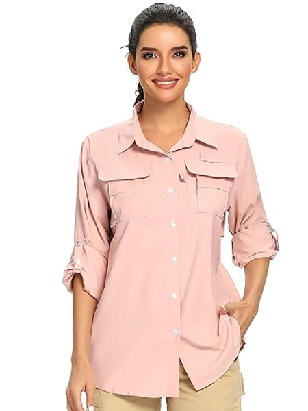 Women's UPF 50+ UV Sun Protection Safari Shirt, Long Sleeve Outdoor Cool Quick Dry Fishing Hiking Gardening Shirts - Small - 5055 Pink