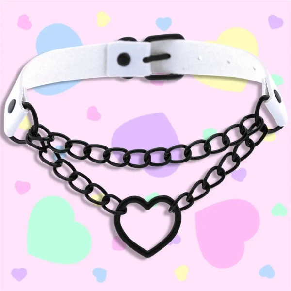 Chained Heart Choker Necklace in Thick Vegan Leather