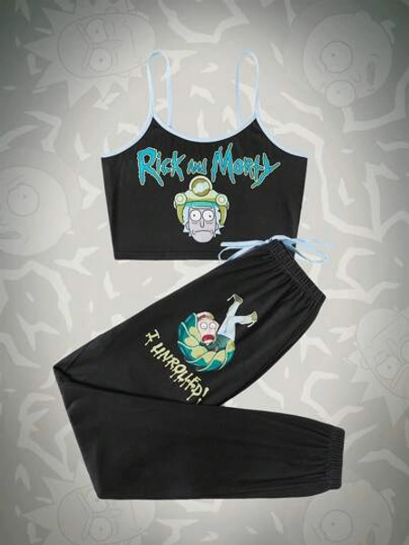 Rick and Morty | ROMWE Letter Cartoon Graphic Contrast Binding PJ Set, School