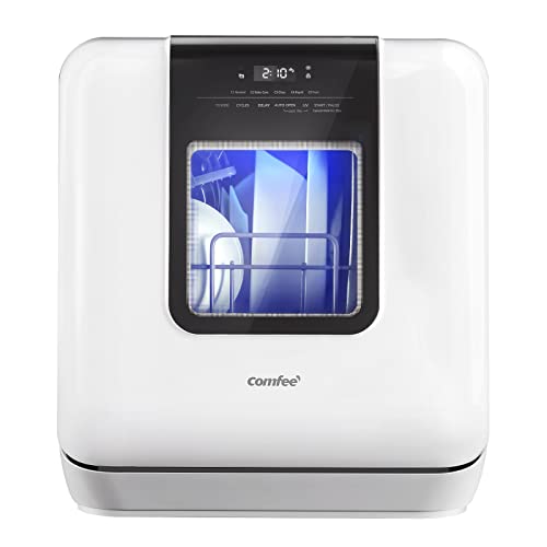 COMFEE' Countertop Dishwasher, Portable Dishwasher with 6L Built-in Water Tank, Mini Dishwasher with More Space Inside, 7 Programs, UV Hygiene& Auto Door Open, for Apartments, Dorms& RVs, White - Miniplus-Auto Door Open