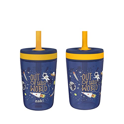 Zak Designs Kelso 15 oz Tumbler Set, (Space) Non-BPA Leak-Proof Screw-On Lid with Straw Made of Durable Plastic and Silicone, Perfect Baby Cup Bundle for Kids (2pc Set) - Space