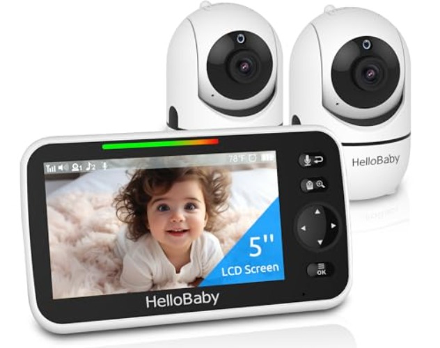 HelloBaby Upgrade 5’’ Baby Monitor with 26-Hour Battery, 2 Cameras Pan-Tilt-Zoom, 1000ft Range Video Audio Baby Monitor No WiFi, VOX, Night Vision, 2-Way Talk, 8 Lullabies and Temperature - 2Cams-HB6550
