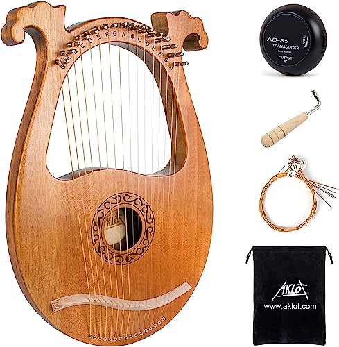 Lyre Harp,AKLOT 16 Metal Strings Deer Head Solid Okoume lyra Harp with Tuning Wrench Spare Strings and Black Gig Bag - Okoume