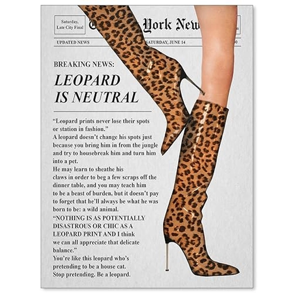 Lianxiaw Funky New York Leopard Boots Poster Vintage Magazine Cover Newspaper Wall Art Retro Leopard Aesthetic Canvas Prints for Apartment Bedroom Wall Decor 12x16 inch Unframed