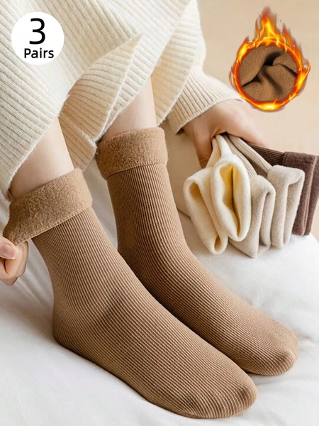 3 Pairs Of Women's Fluffy Socks, Warm Thick Socks Family Black And White Floor Socks, Random Color