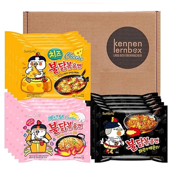 Kennenlernbox 15er Buldak Box | Samyang Hot Chicken Ramen Combo | 5er Pack Hot Chicken & 5er Pack Carbonara & 5er Pack Cheese |
