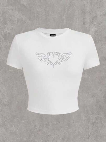 SHEIN Essnce Women's Summer Casual Short Sleeve T-Shirt With Painting And Rhinestone Design, Slim Fit Love