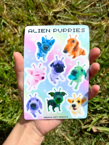 Alien Puppy Sticker Sheet - Alien Animal Sticker Sheet, Kawaii Alien Sticker Sheet, Puppycore Vinyl Decal Sheet, Cute Dog Sticker Sheet