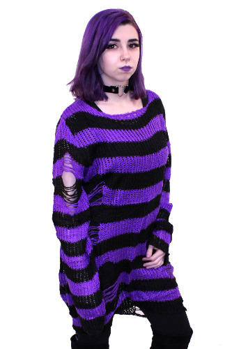 Purple/Black Striped Distressed Sweater | Default Title