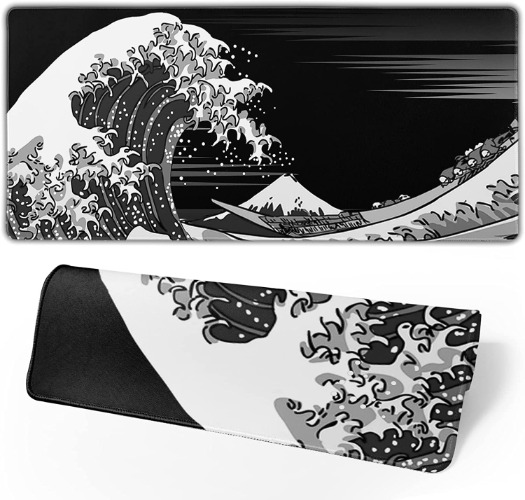 Extended Large Gaming Mouse Pad 31.5x11.8 in Desk Mat Mouse Pads，Japanese Sea Wave Laptop Mousepad PC Keyboard Waterproof and Non-Slip XL Rubber Table Mat Black and White Kanagawa Surfing