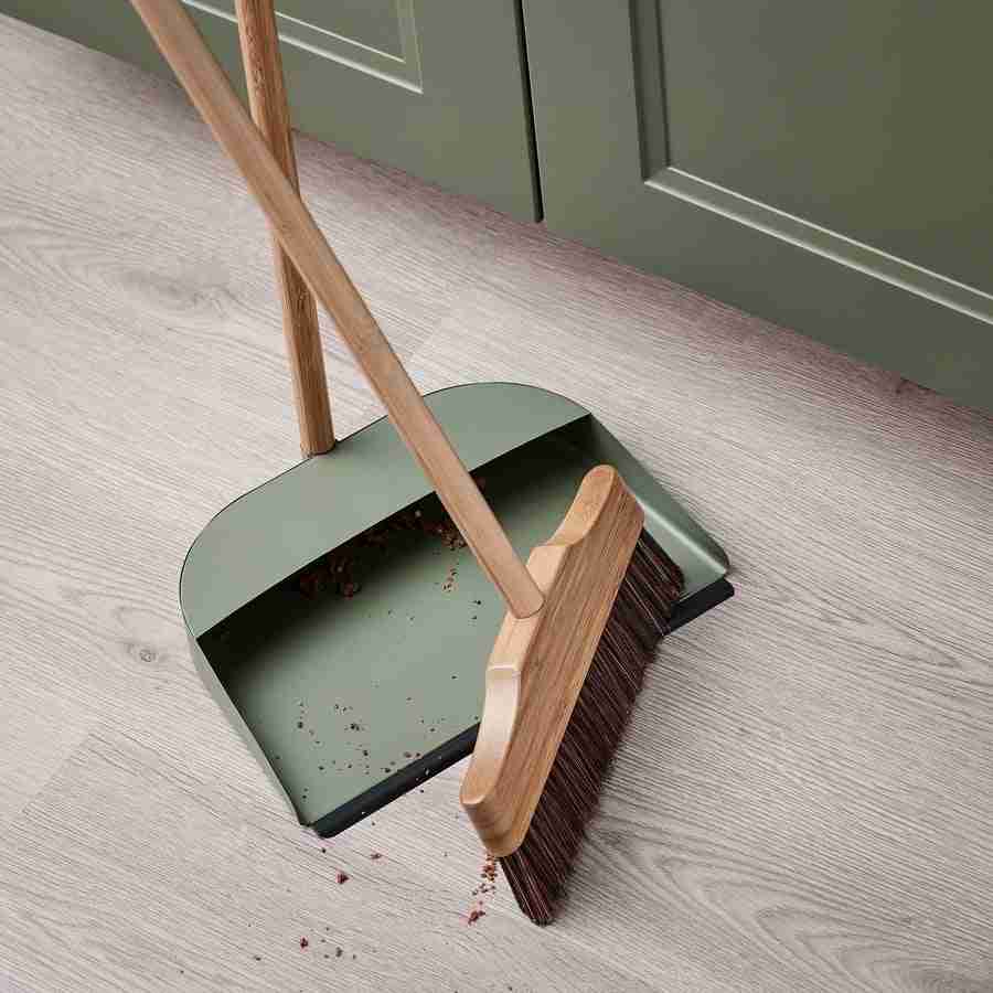 VINDSIKT Dustpan and broom - bamboo/gray-green