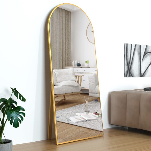 CASSILANDO Bow Miroir Complet du Corps 150 x 50 cm, Miroir de Sol, Miroir sur Pied Arrondi, Miroir Complet avec Support, Grand Miroir Mural dans la Chambre à Coucher, Dressing (Doré)