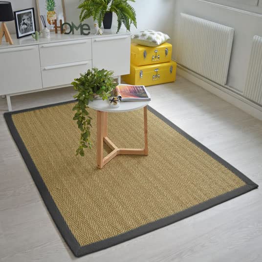 Decoweb Tapis Jonc de mer - Bihar Fin Chevron - Ganse Coton Anthracite - 200 x 290 cm