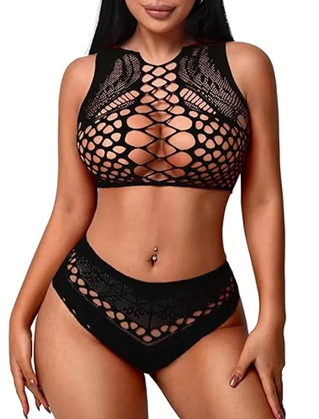 Avidlove Womens Fishnet Lingerie for Women Sexy Two Piece Lingerie Set Stripper Outfit - One Size - Black