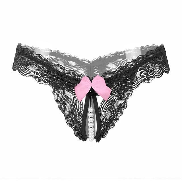 Pearl Lined Bow Thong - Black