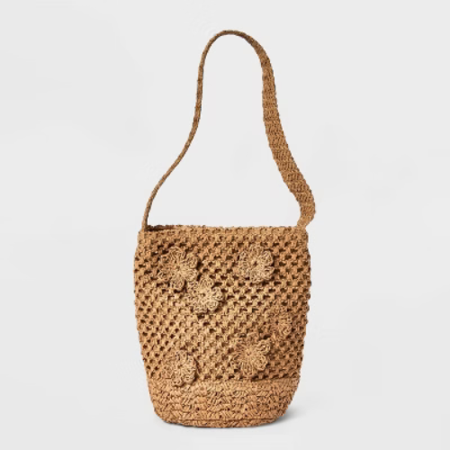 Straw Mini Floral Print Bucket Bag - A New Day™ Beige