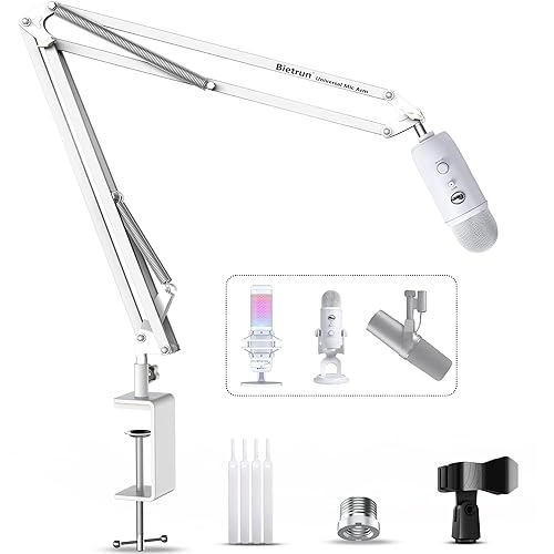 White Microphone Boom Arm Desk Mount for Wave/Blue Yeti/Hyperx Quadcast/SM7B/SM58/MV7, Upgraded Metal Heavy Duty Adjustable Scissor Desk Microphone Stand with Handheld Mic Clip, 3/8" to 5/8" Adapter - New light Mic Arm White