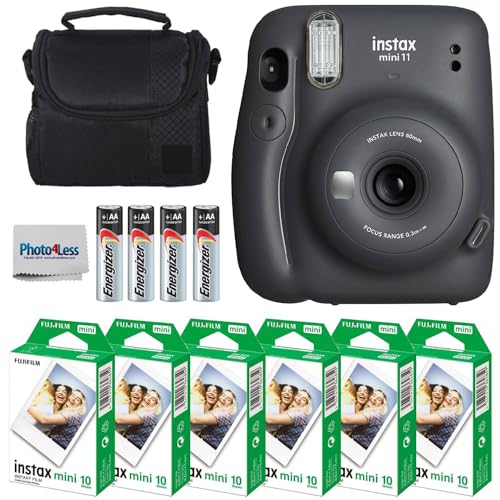 Fujifilm Instax Mini 11 Instant Camera - Charcoal Grey (16654786) + Fuji Instax Mini Twin Pack Instant Film (60 Sheets) + Batteries + Case - Instant Camera Bundle