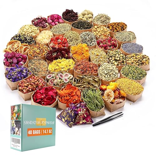 40 Bags Natural Dried Flowers Kit, Natural Dried Herbs with 2 Mesh Drawstring Bag for Soap,Candle,Resin Jewelry Making,Bath,Nail - Rose Petals,Rosebuds,Lilium,Jasmine,Don't Forget Me and More - 40 Bags*10g