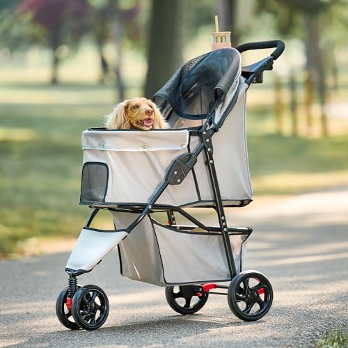 Carlson Pet Products Stroller, Includes 360 Degree Front Wheel Swivel, Rear Wheel Breaks, Reflective Trim, Mesh Panels, Umbrella and Mesh Canopy, Khaki - Khaki with Black Accents
