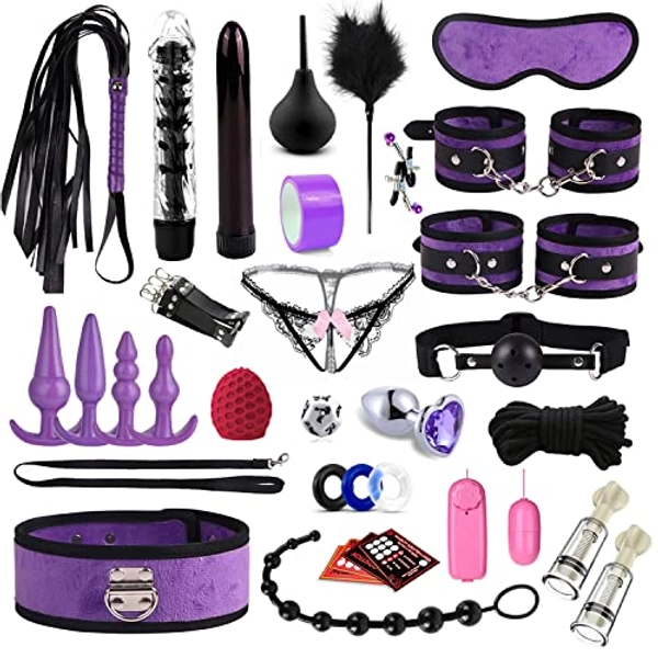 BDSM Leather Sex Toys Kit,33PCS Double-Sided Fluff Sex Bondage Sets Restraint Kit with Handcuffs&Ankel Cuff&Anal Butt,Bed Adult Sex Things for Couples Kinky Bundles
