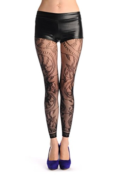 With Lace Trim Footless Fishnet - Opaque Tights