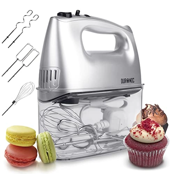 Duronic HM4SR Electric Hand Mixer | 400W | 5 Speed | SILVER Baking Set with 5 Attachments: 2 Beaters, 2 Dough Hooks, 1 Whisk | All-in-One with Built-In Storage Case | Five Mix Settings & Turbo Speed