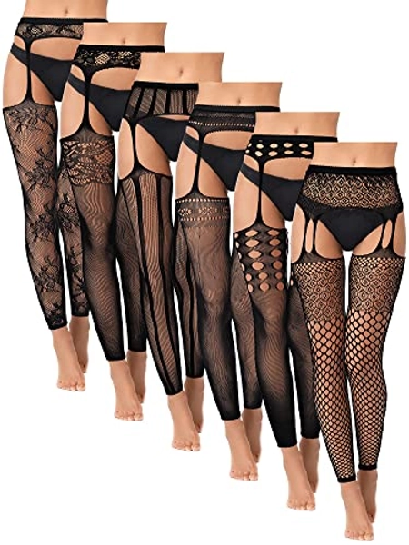 6 Pairs Women Fishnet Footless Tights High Waist Suspender Pantyhose Garter Belt Thigh High Stockings for Women Girls, Black, One size