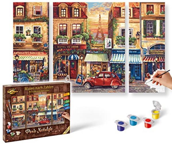 Schipper 609260626 Malen nach Zahlen - Paris Nostalgie - Bilder malen für Erwachsene, inklusive Pinsel und Acrylfarben, Triptychon, 50 x 80 cm