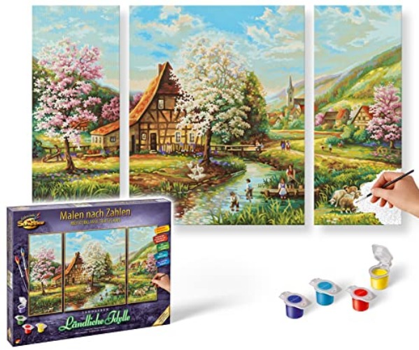 Schipper 609260664 Malen nach Zahlen - Ländliche Idylle - Bilder malen für Erwachsene, inklusive Pinsel und Acrylfarben, Triptychon, 50 x 80 cm