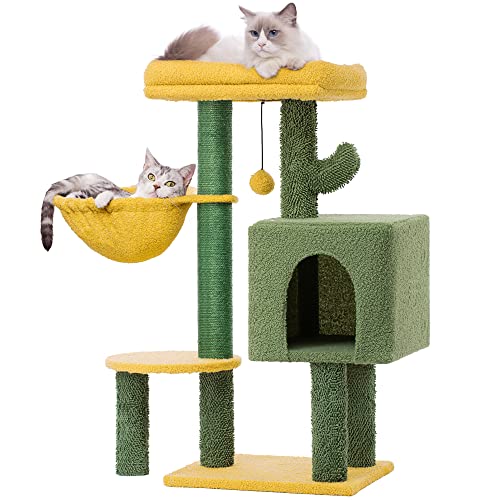MeowSir Cat Tree Cute Cat Tower Tree Cactus Cat Scratching Post with Large Top Perch, Comfy Hammock, Private Condo, Fully Sisal Covered Scratching Post and Dangling Bell Ball for Indoor Cats- Yellow - New Yellow