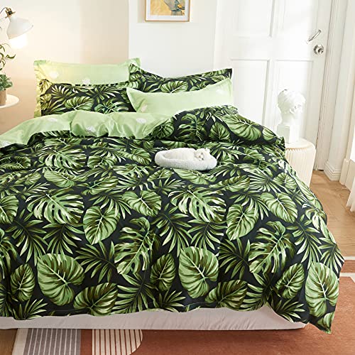 Jemiipee Botanical Duvet Cover Set with Tropical Monstera Leaves, Washed Microfiber Quilt Cover Sets (No Comforter), King Size Bedding Set Modern Bed with Pillow Shams and Zipper Closure, Green - King - Green