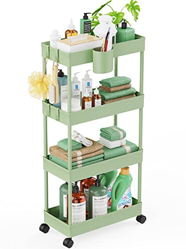 LEHOM Slim Rolling Storage Cart - 4 Tiers Bathroom Organizer Utility Cart Slide Out Storage Shelves Mobile Shelving Unit for Kitchen, Bedroom, Office, Laundry Room, Small Narrow Spaces, Green - Light Bean Green