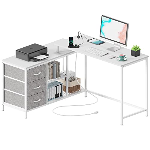 SUPERJARE L Shaped Desk with Power Outlets, Computer Desk with Drawers & Shelves, Corner Desk Gaming Desk Home Office Desk, White - White