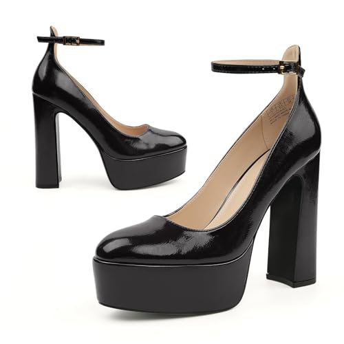 JENN ARDOR Platform Heels for Women Chunky Heel Closed Toe High Heels Block Heel Ankle Strap - 7 - Black/Pu