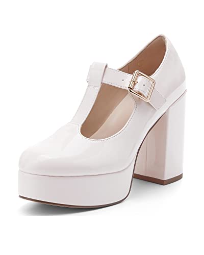Coutgo Women's T-Strap Round Toe Platform Heels Chunky Heel Patent Mary Jane Dress Shoes - 7 - White Pink