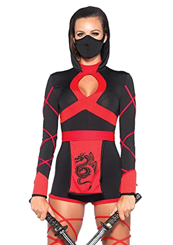 Leg Avenue Women's 3 Pc Dragon Ninja Costume with Hooded Romper, Waist Sash, Face Mask - Women's - Black/Red - Small