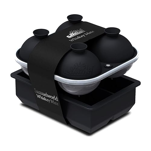 Samuelworld Large Silicone Premium Ice Trays, 2-Pack Combo, 2 Inches Big Ice Cube Tray & 2.5 Inches Large Ice Sphere - BPA Free, Craft Ice Maker for Gifting, Whiskey, Cocktails, Easy Release - Black - Black - 4 Sphere/6 Cube