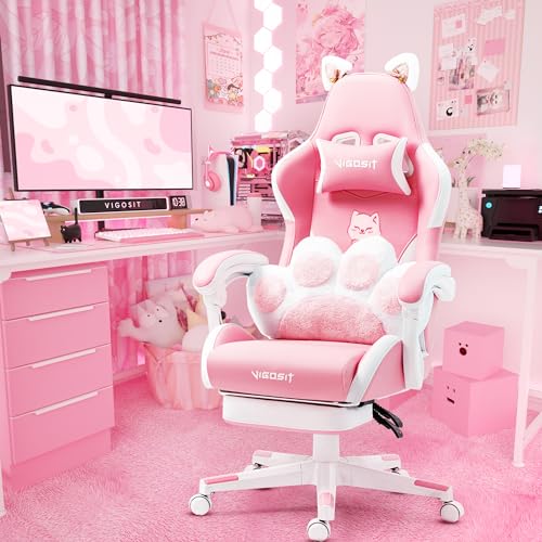 Vigosit Pink Gaming Chair with Cat Paw Lumbar Cushion and Cat Ears, Ergonomic Computer Chair with Footrest, Reclining PC Game Chair for Girl, Teen, Kids - Pink